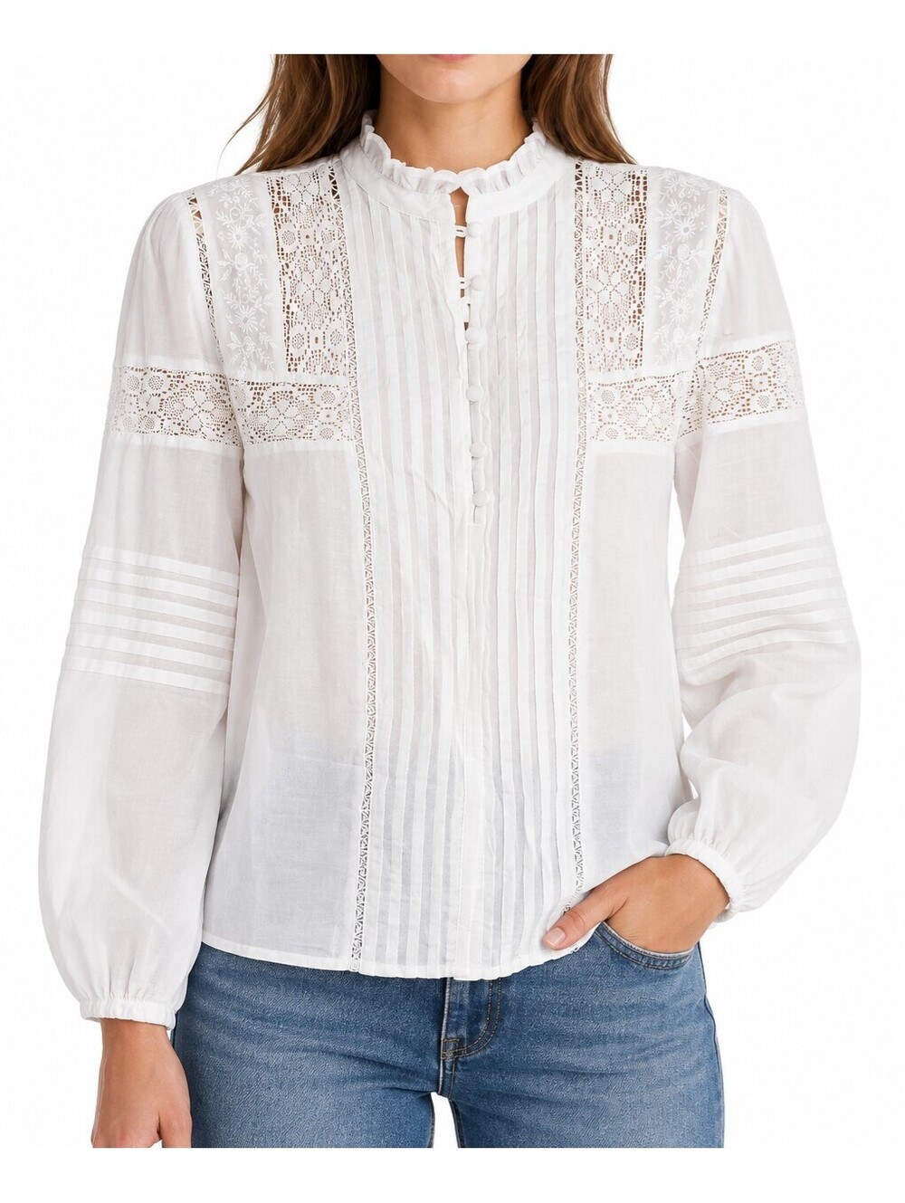 Madewell Ruffled High Neck Pintuck Blouse XXS White Lace Cotton Blend NWT $138